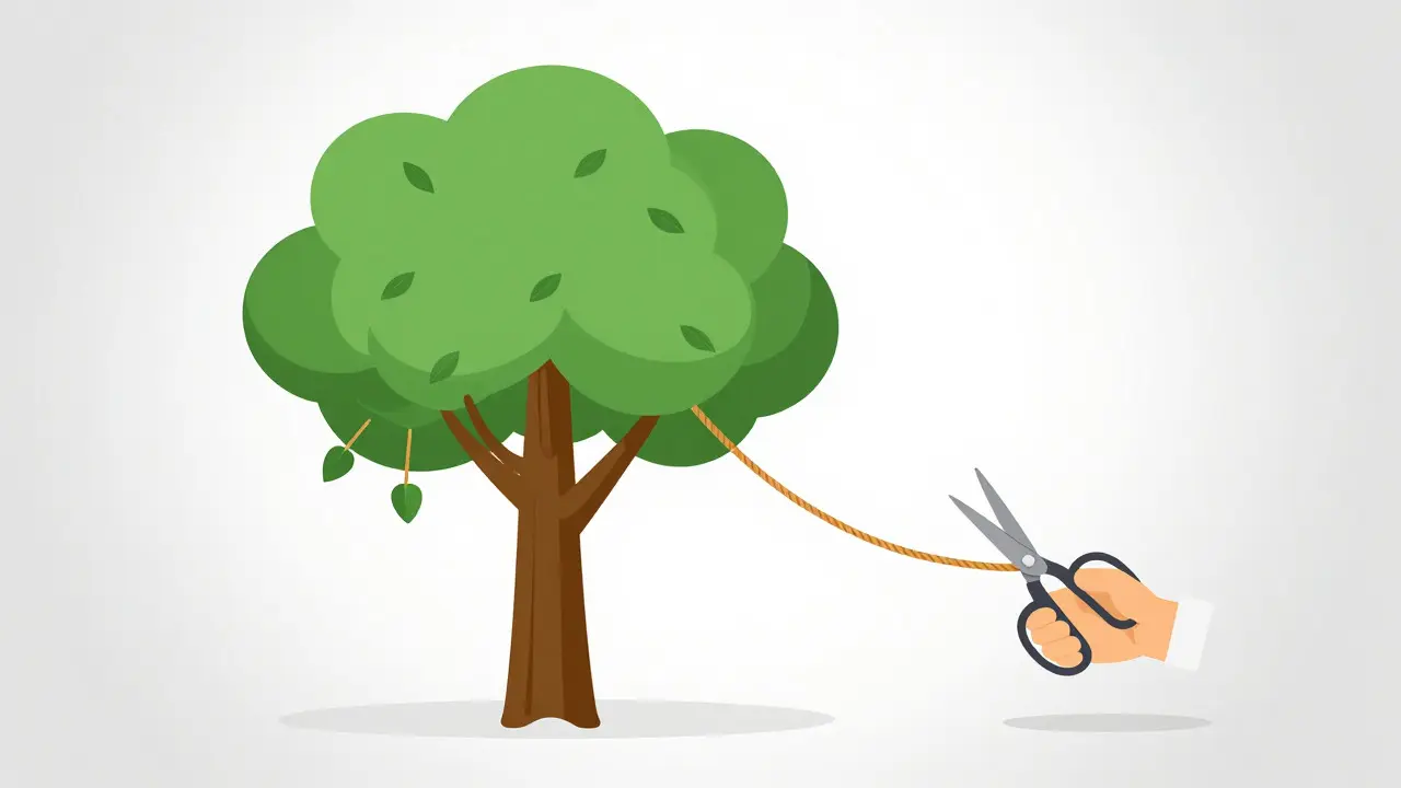 Minimalist illustration of a tree with a single rope, representing event delegation and easy cleanup
