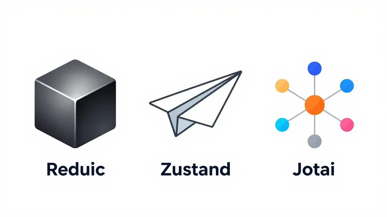 Минималистичная иллюстрация сравнивающаяRedux, Zustand и Jotai через геометрические фигуры