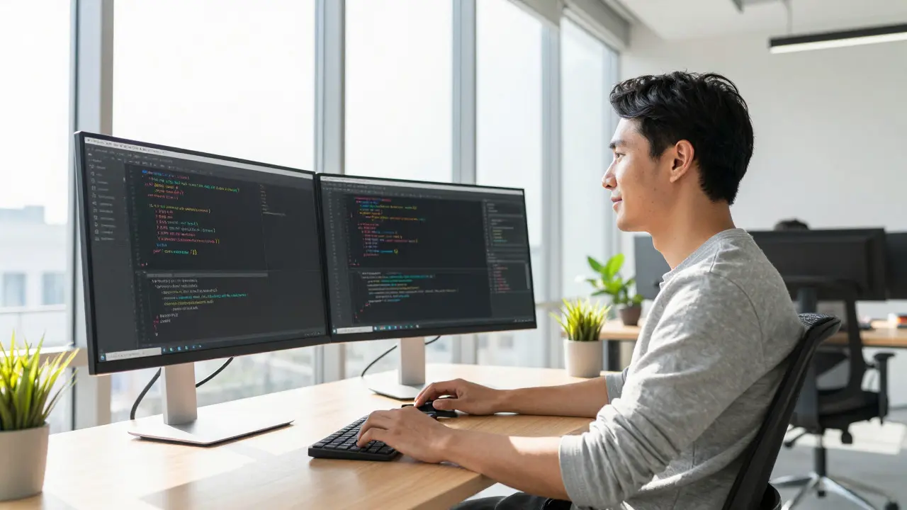 Разработчик спокойно работает за монитором в офисе
