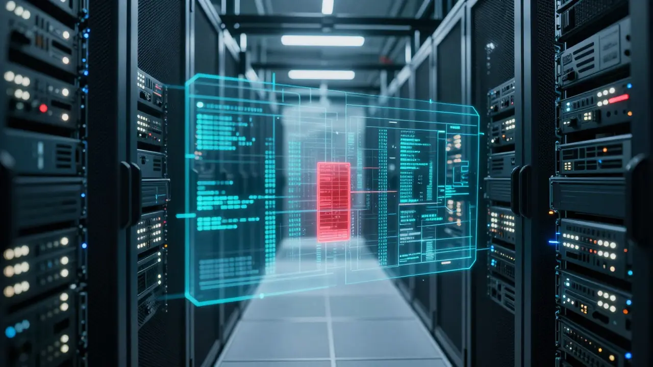 Server room with a holographic display showing a data array error highlight