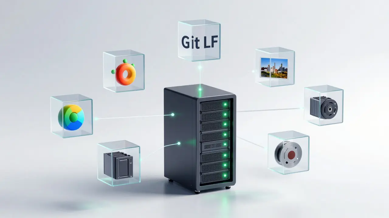 Схема работы Git LFS с сервером и плавающими цифровыми активами в стиле 3D