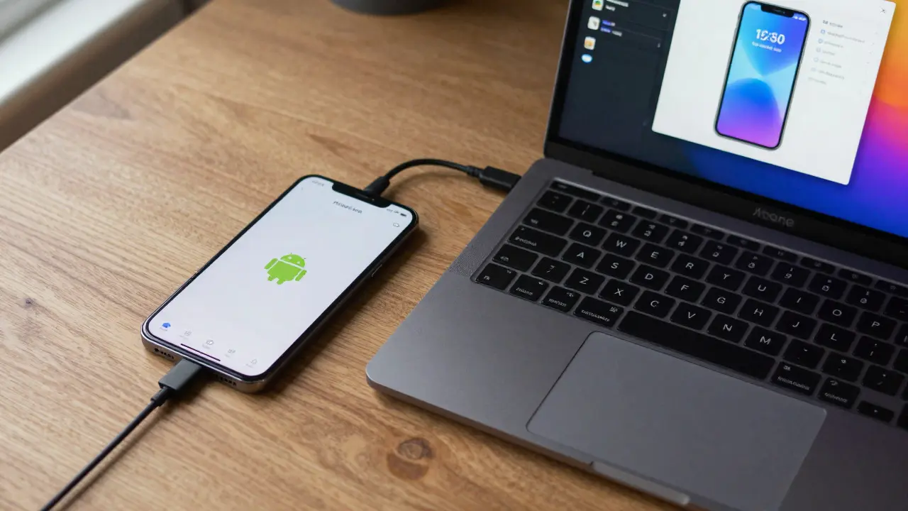 Смартфон подключен к ноутбуку для тестирования приложения