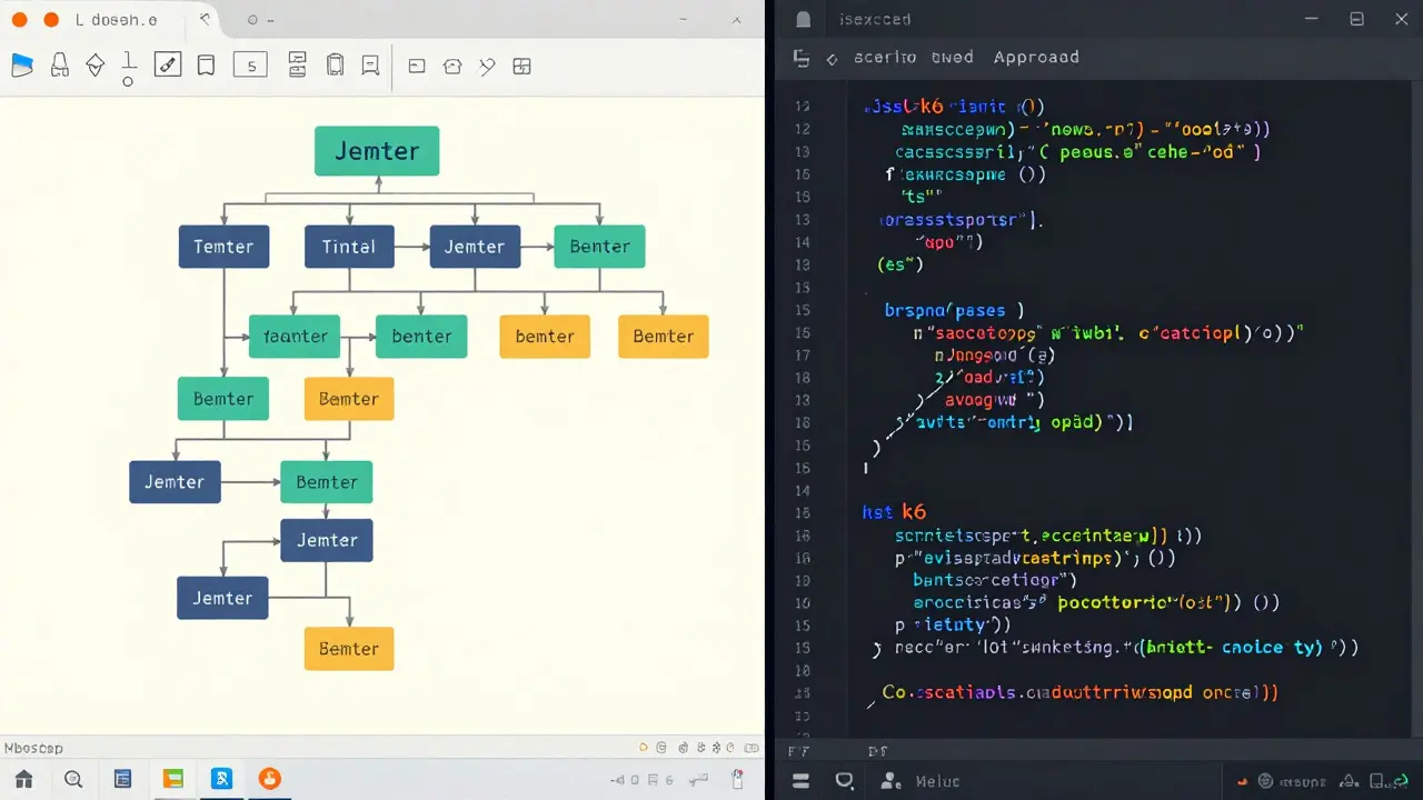 Сплит-экран: визуальный интерфейс слева и код на JavaScript справа
