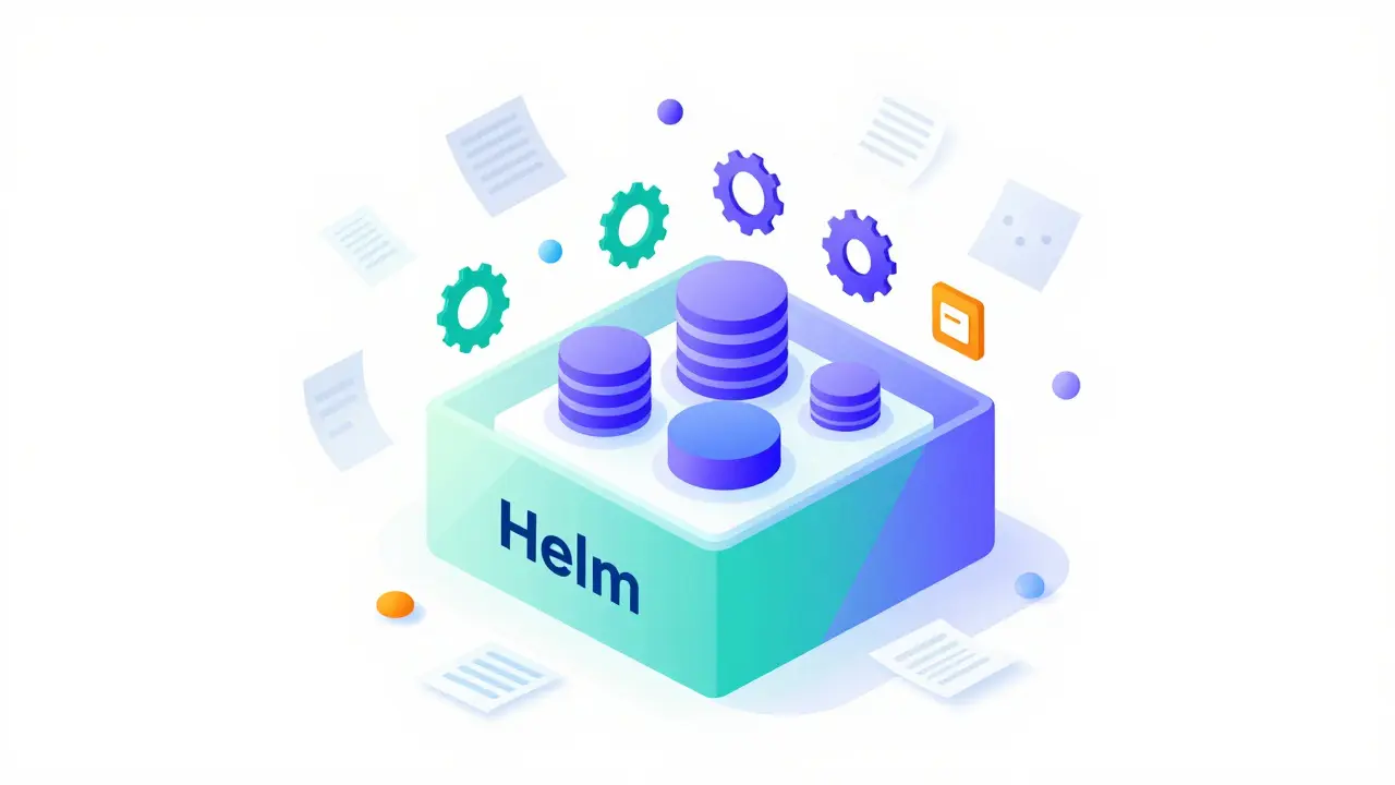 Стилизованная иллюстрация упаковки компонентов приложения в единый Helm-чарт