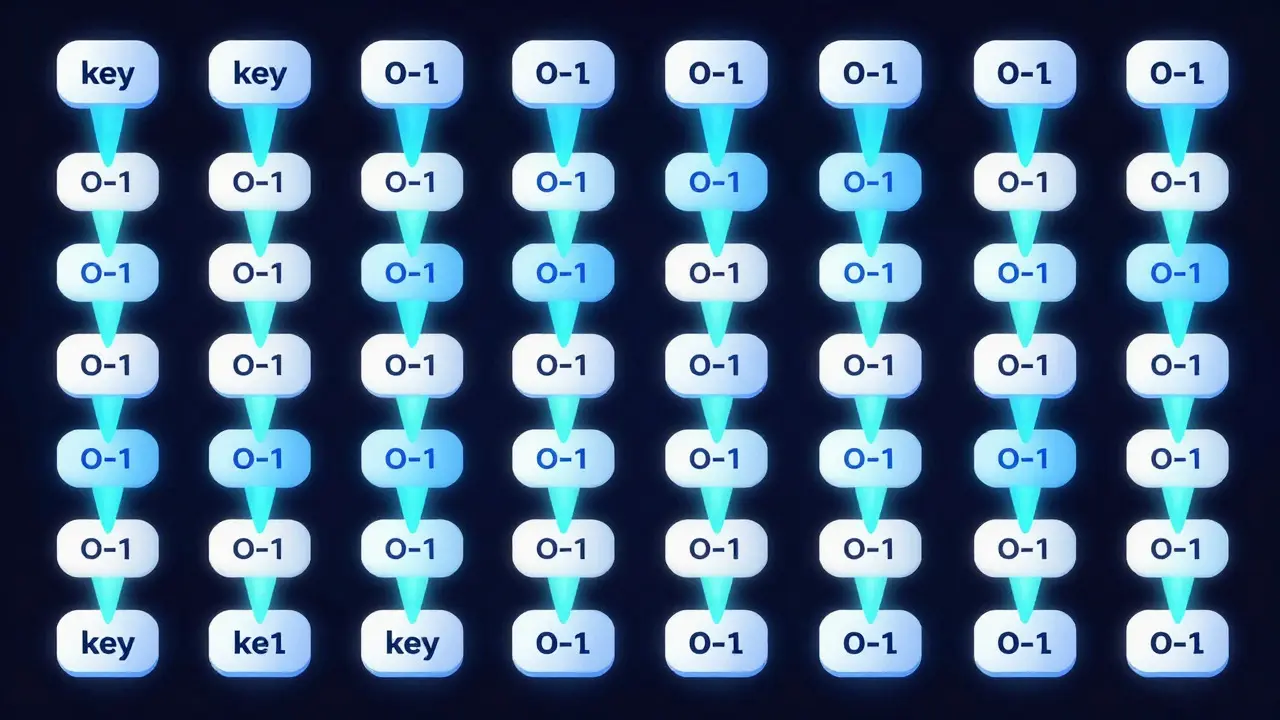 Stylized diagram showing direct, fast access to specific values in an organized hash table grid