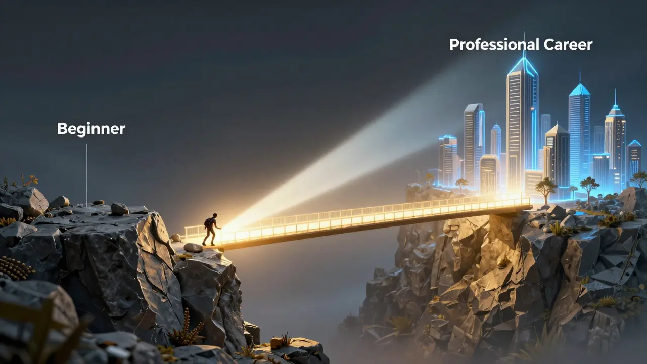 Symbolic bridge connecting beginner stage to professional career via code contributions