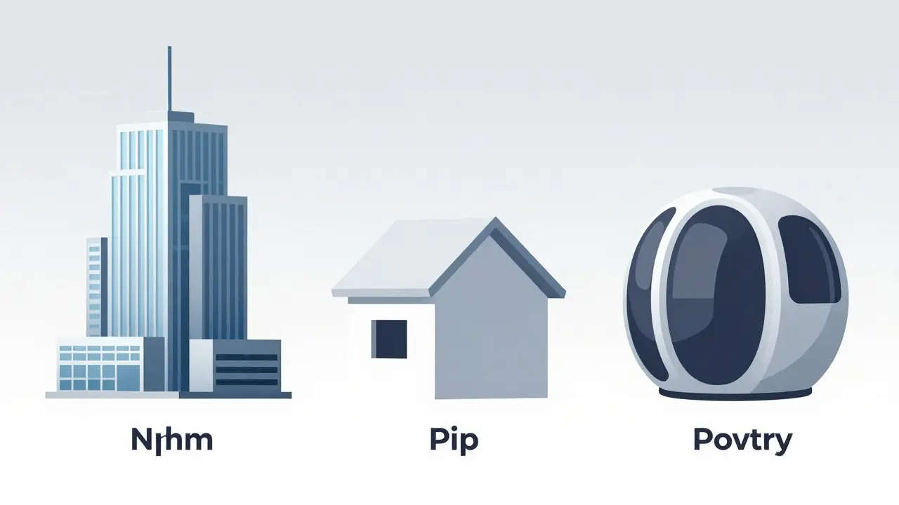 Three stylized buildings representing npm, pip, and poetry architectures