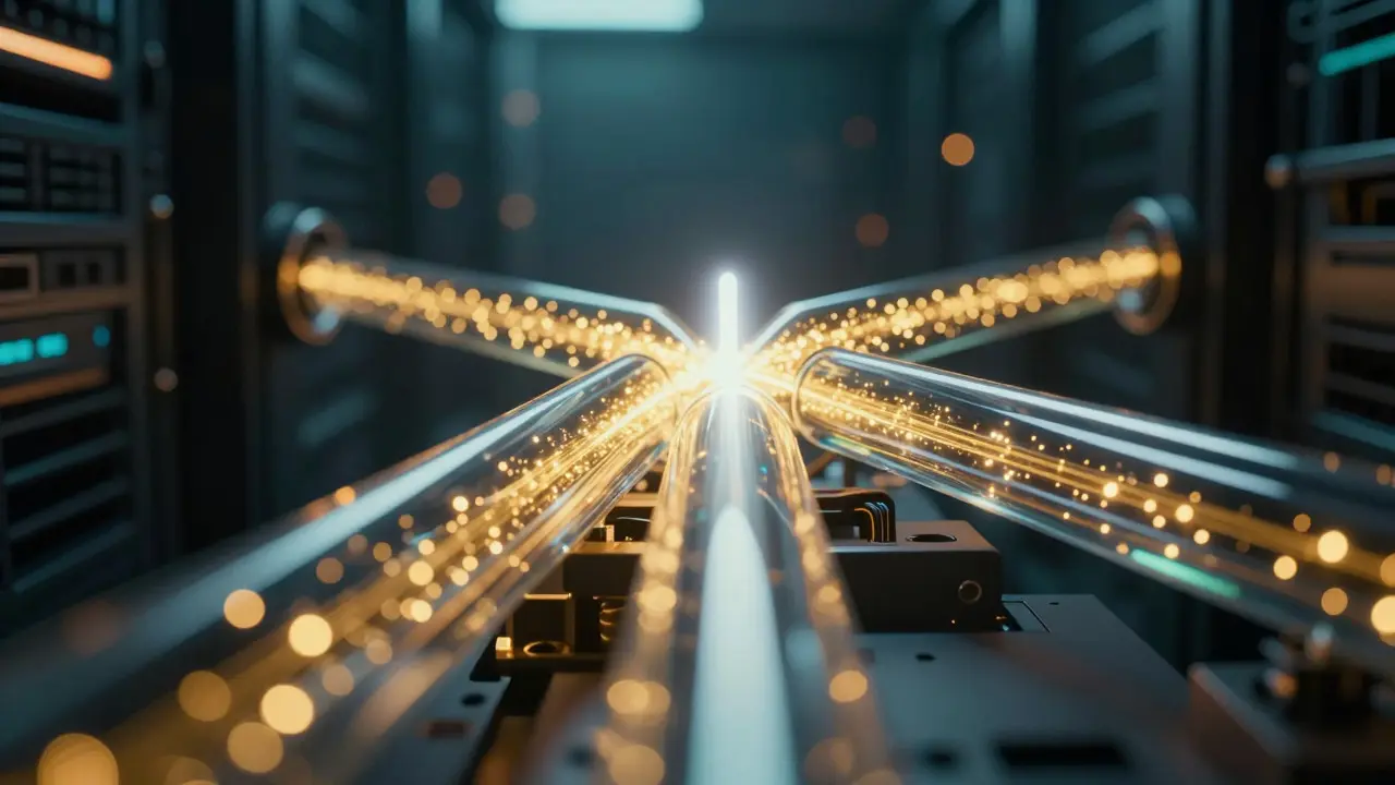 Two streams of light merging into one, visualizing parallel execution of asynchronous requests