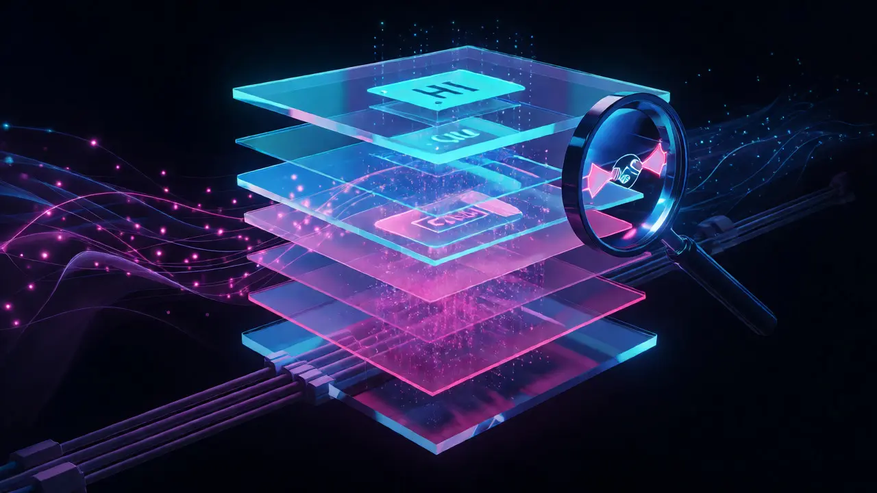 Abstract visualization of OSI model layers and data flow