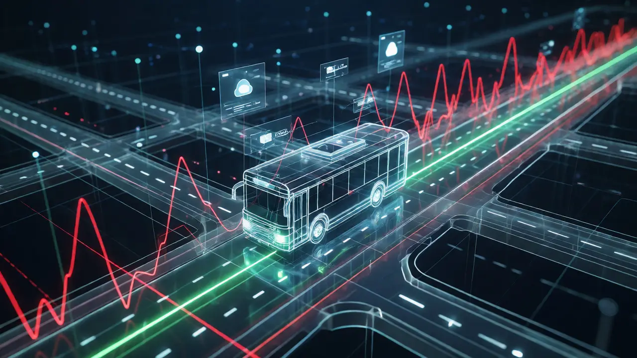 Абстрактная визуализация обработки GPS-данных для отслеживания автобусов