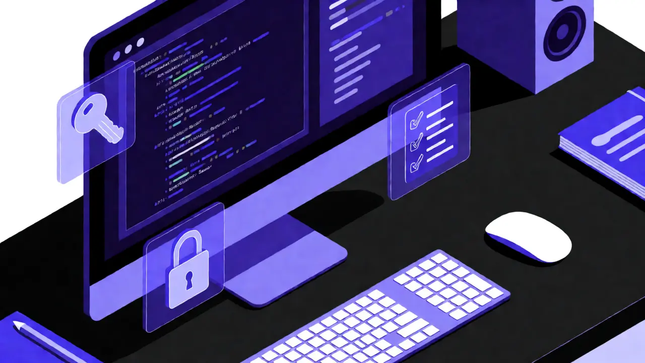 Изометрическая иллюстрация рабочего места разработчика с акцентом на защиту API и заголовки.