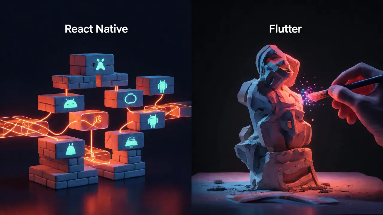 Концептуальная иллюстрация сравнения архитектур React Native и Flutter через метафоры строительства.