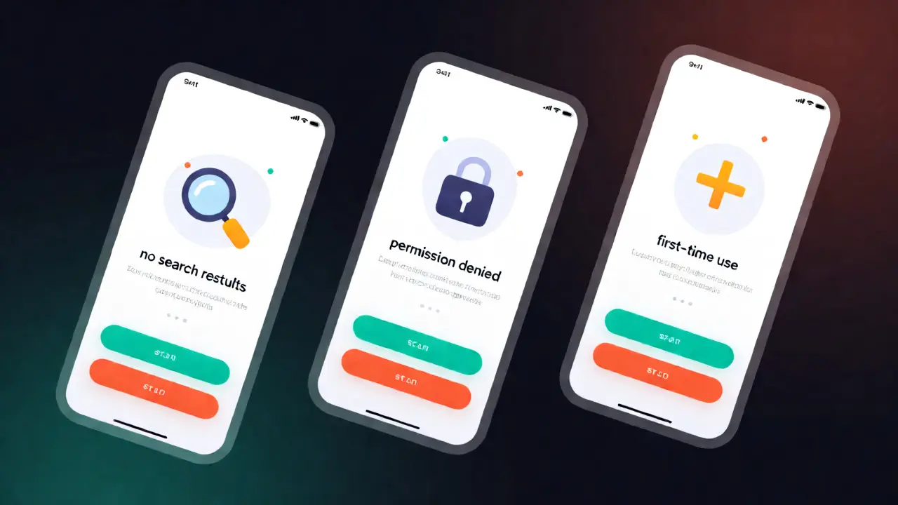 Три экрана приложений, иллюстрирующие разные типы пустых состояний UX