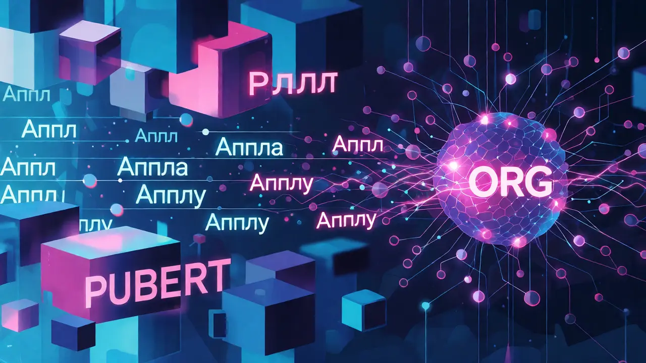 Концептуальная иллюстрация нейросети RuBERT, обрабатывающей морфологию русских слов